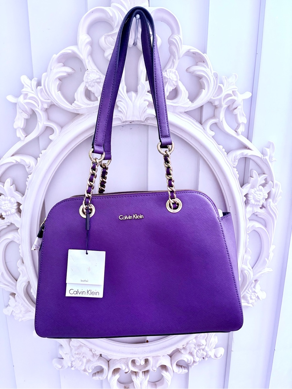 Calvin Klein Deep Purple Saffiano Leather Shoulder Tote with Gold Hardware